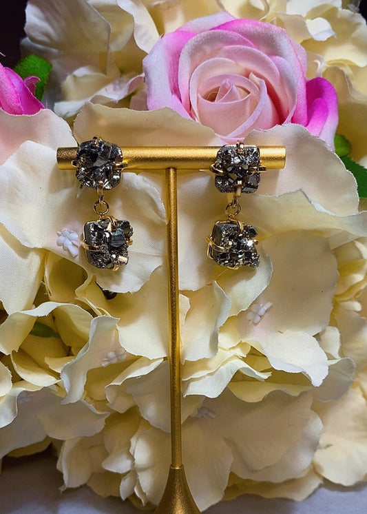 Boucles D'oreilles Elégance En double Pierre Pyrite Brute