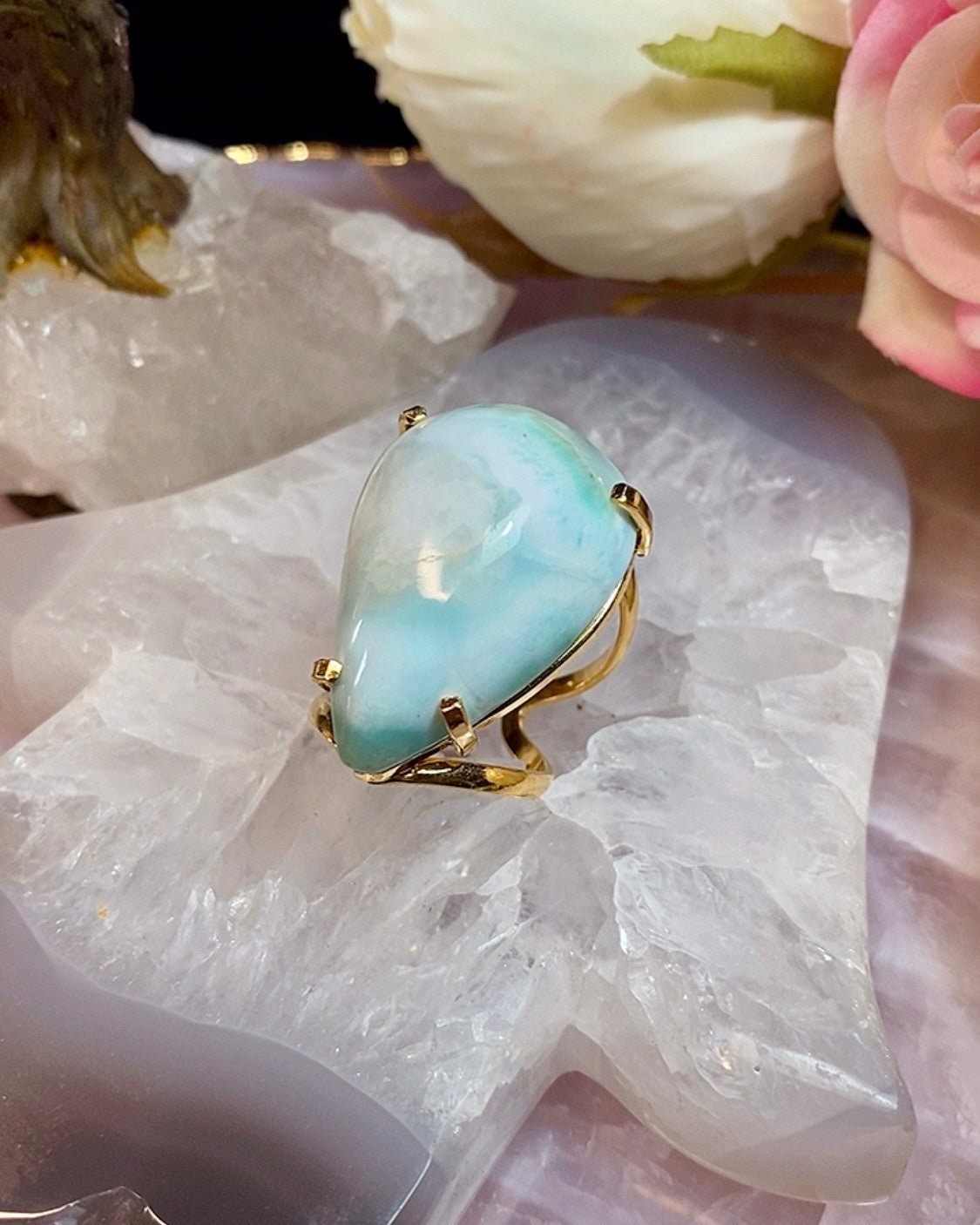 Bague Atlantis en Pierre Larimar Cabochon Teardrop