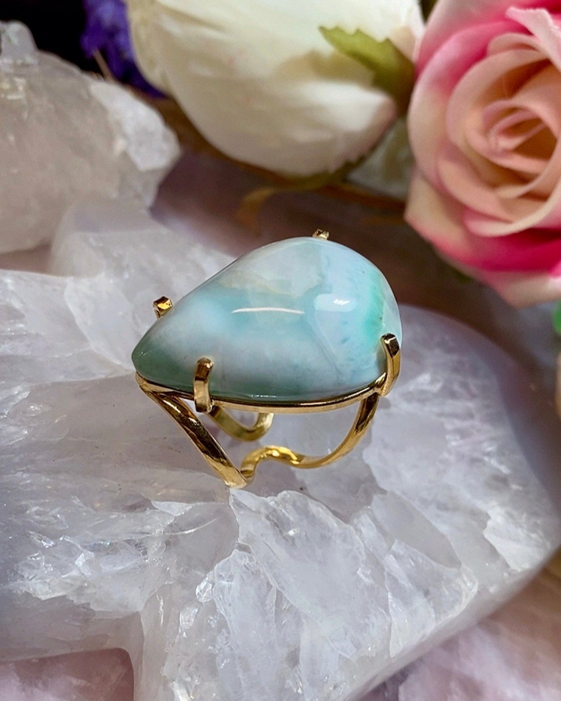 Bague Atlantis en Pierre Larimar Cabochon Teardrop