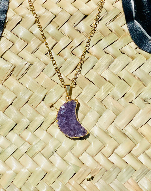 Pendentif Lune Violette en Pierre Brute d'Améthyste